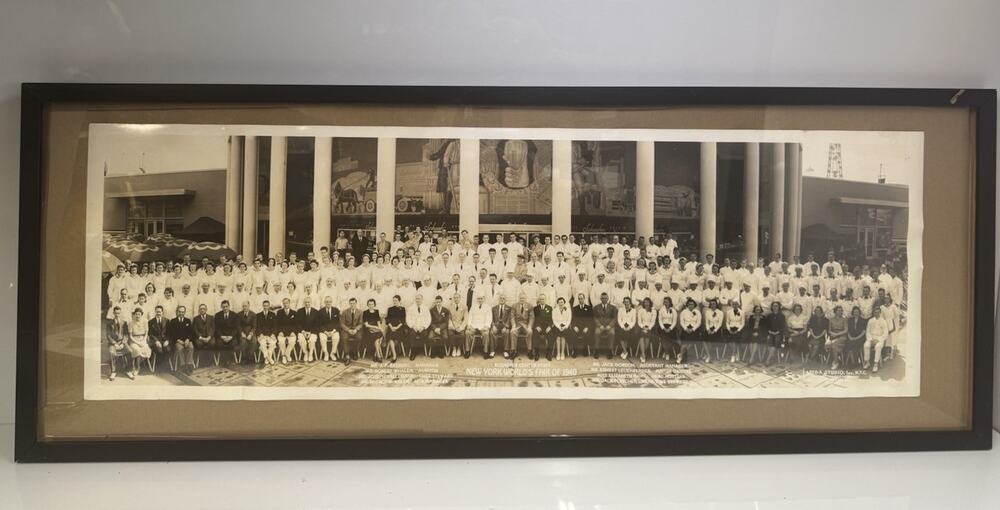 1940 NY World's Fair Schaefer Center Staff Panoramic Photo Apeda Studio Framed
